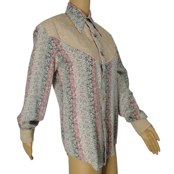 1970s Western Cream Floral Print Patchwork Quilted Yoke Button Up Shirt Size M - Picture 4 of 10